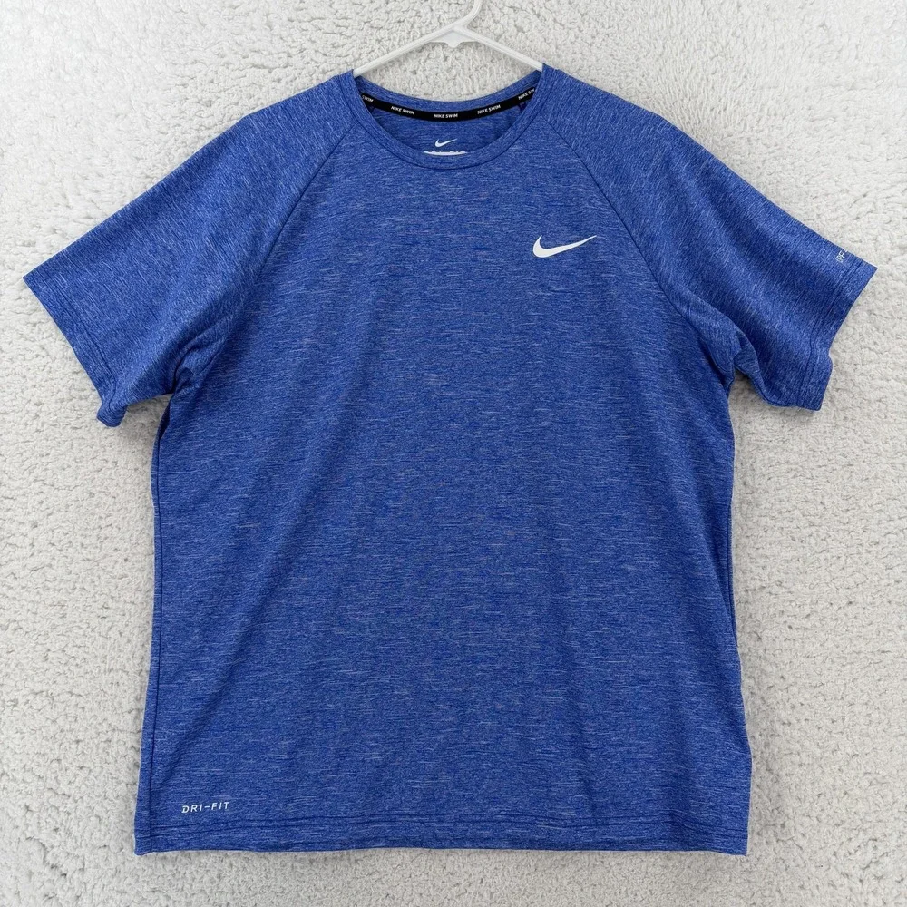 Nike Swim Shirt Mens Large Blue Dri-FIT Short Sleeve Rash Guard UPF 40+ NESSA589